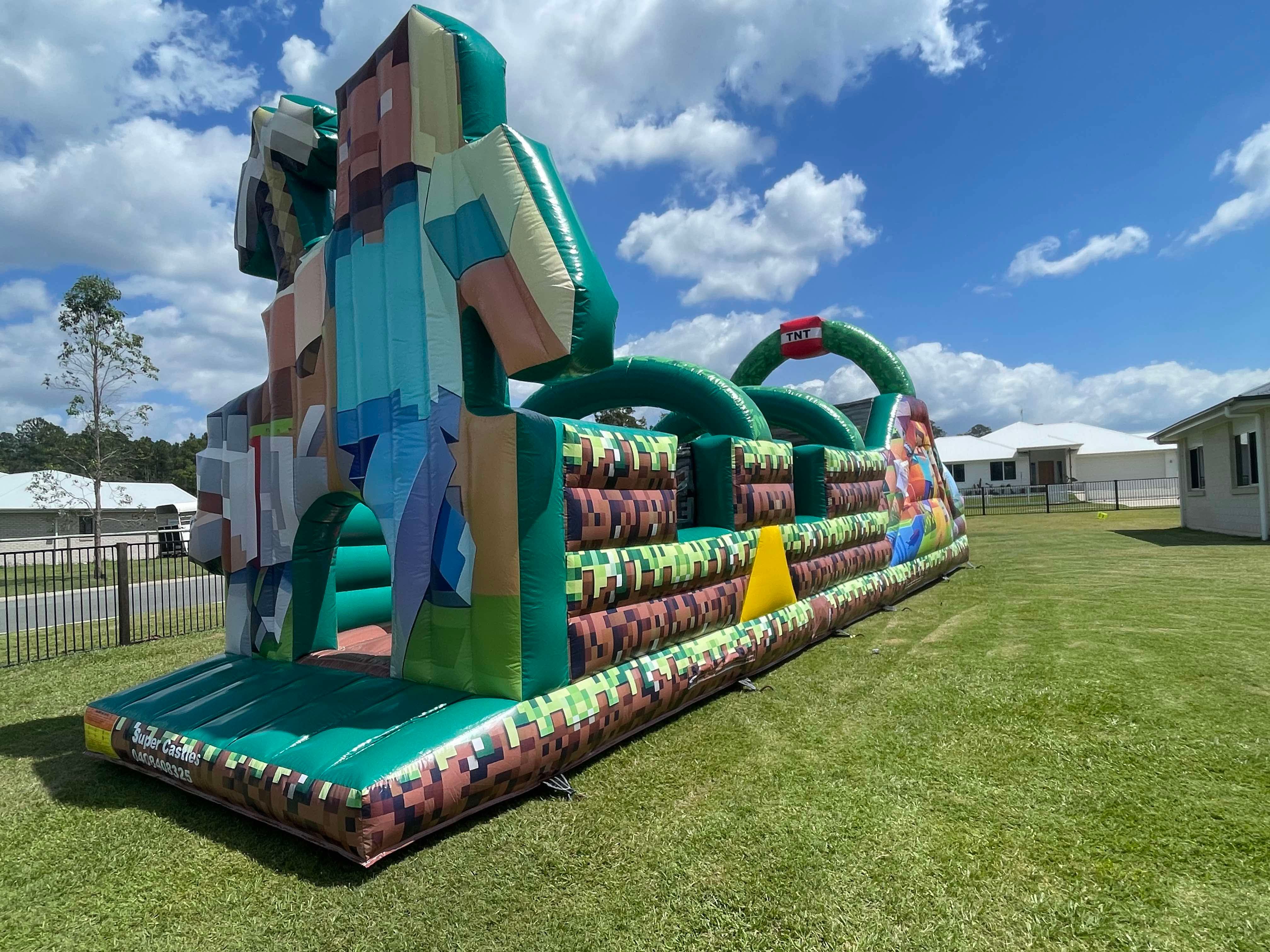 Minecraft-themed inflatable obstacle course